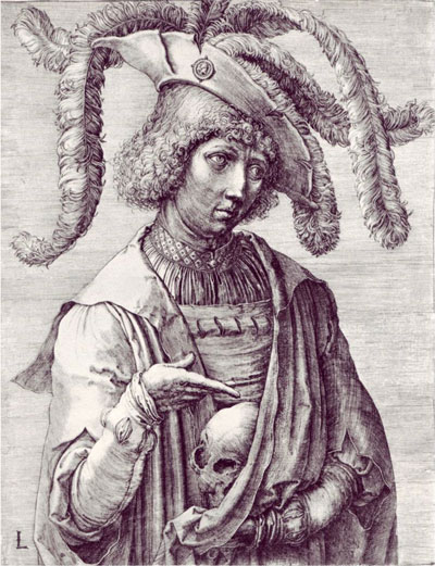 Lucas van Leiden, (1494-1533), Youth with a Skull, engraving, 18,5 х 14,5 cm, ca. 1519, Szépm·vészeti Múzeum (Museum of Fine Arts), Budapest