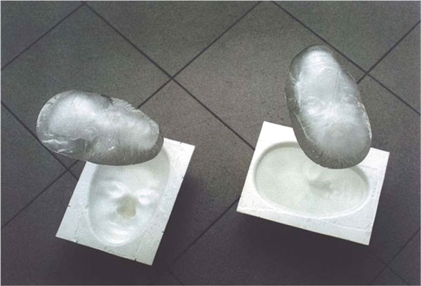 Nadezhda Lyachova, An Attempt at Capturing the Essence. Ice cast from the author’s face melting back in the mould from which they have been cast. ATA Center for Contemporary Art, Sofia, 1999