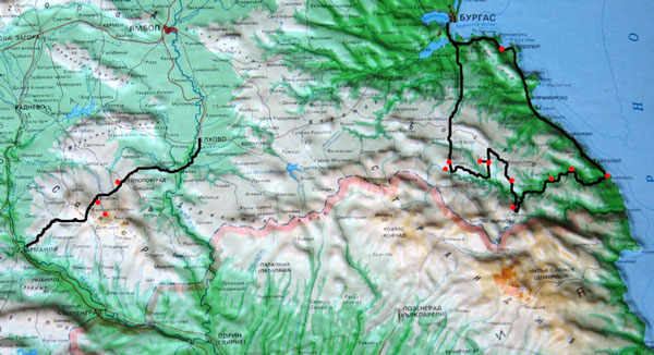 Фиг. 01: Маршрутът на втория излет - Сакар и Странджа